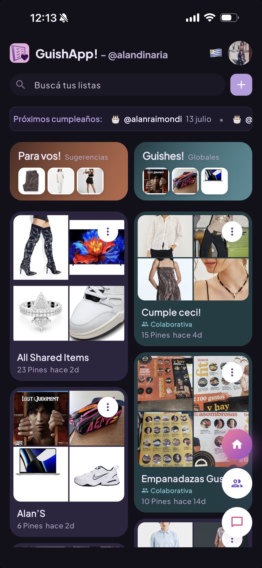 Pantalla principal de GuishApp con listas de deseos
